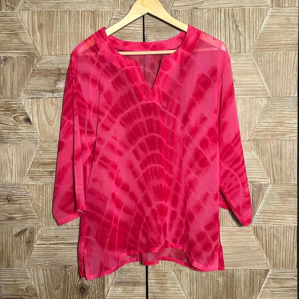 Womens Hot Pink Sheer Blouse Tie Dye Top Size Small Pullover Barbie